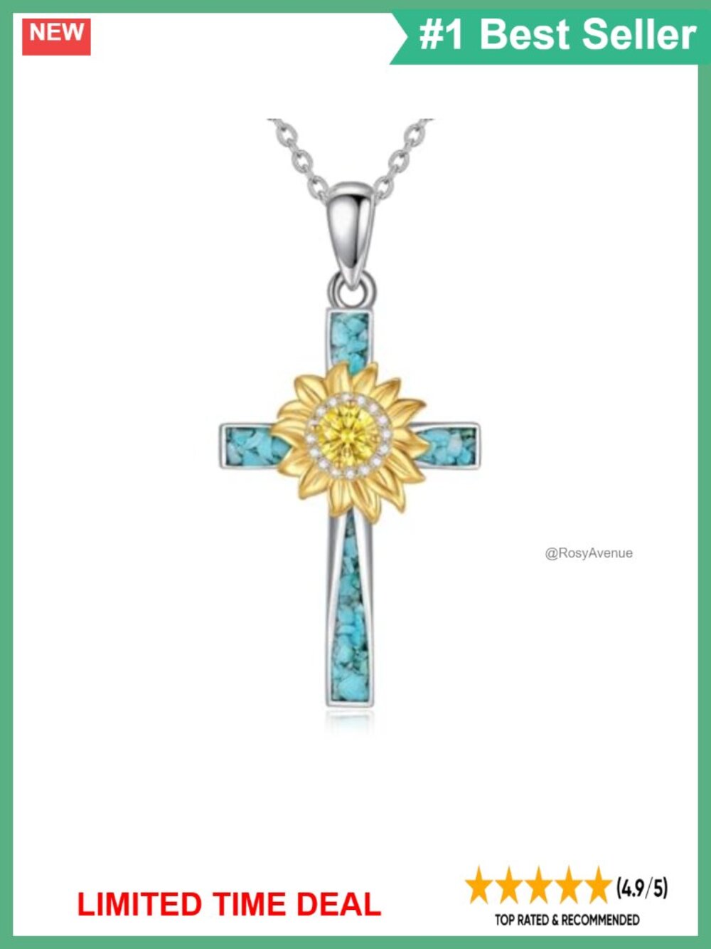 925 Sterling Silver Genuine Turquoise Sunflower Cross Pendant Necklace